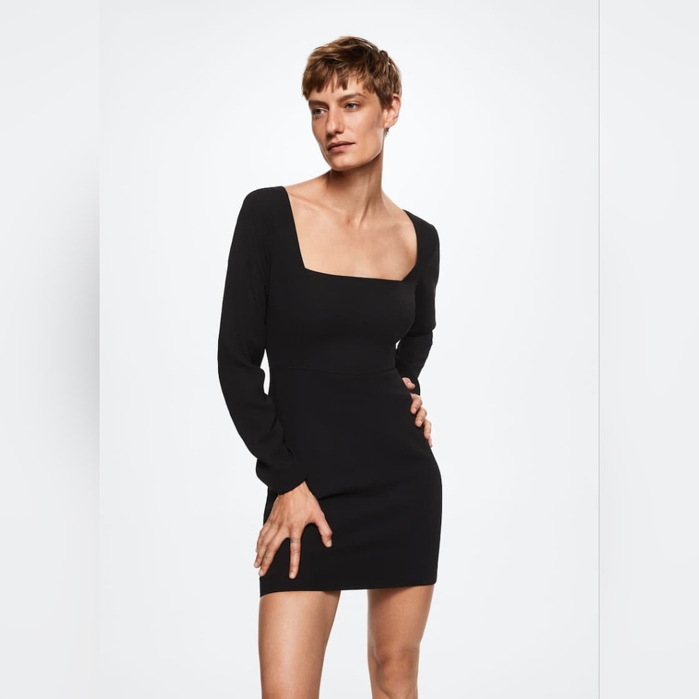 Mango black fitted square neck mini black long sleeve dress NWT Size XS 2